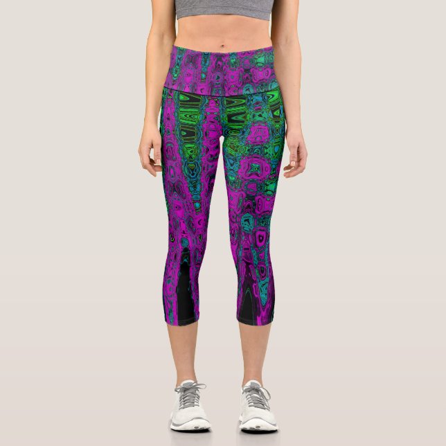 Bold Magenta Abstrakt Groovy Atomic Waves Capri Leggings (Vorderseite)