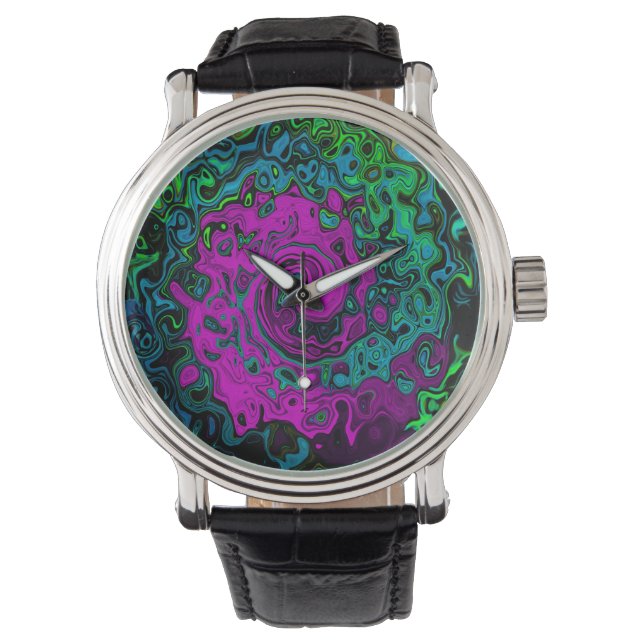 Bold Magenta Abstrakt Groovy Liquid Art Swirl Armbanduhr (Vorderseite)