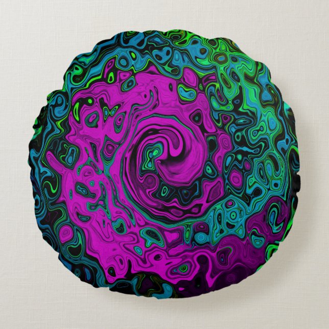Bold Magenta Abstrakt Groovy Liquid Art Swirl Rundes Kissen (Vorderseite)