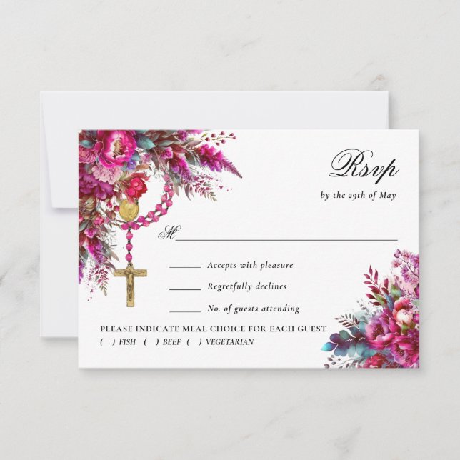 Bold Magenta Rosary Katholic Wedding Response Card RSVP Karte (Vorderseite)