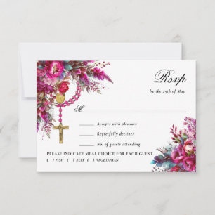Bold Magenta Rosary Katholic Wedding Response Card RSVP Karte
