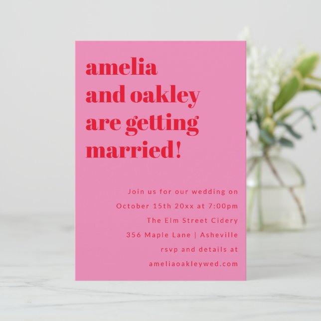 Bold Minimalist Pink Red Retro Wedding Website Einladung (Stehend Vorderseite)