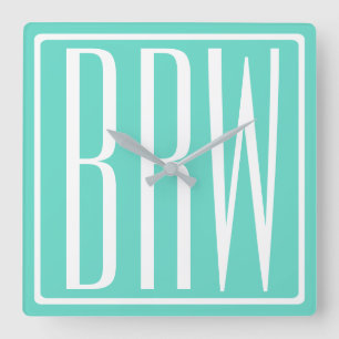 Bold Modern 3 Initials Monogram   White On Aqua Quadratische Wanduhr
