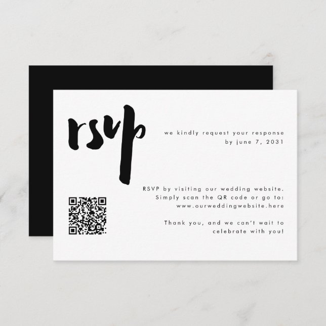 Bold Modern Black Brush Script Wedding QR Code RSVP Karte (Vorne/Hinten)