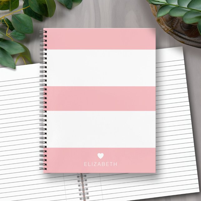 Bold Modern Blush Pink Striped Pattern with Heart Notizbuch (Personalized Notebook with Custom Text)