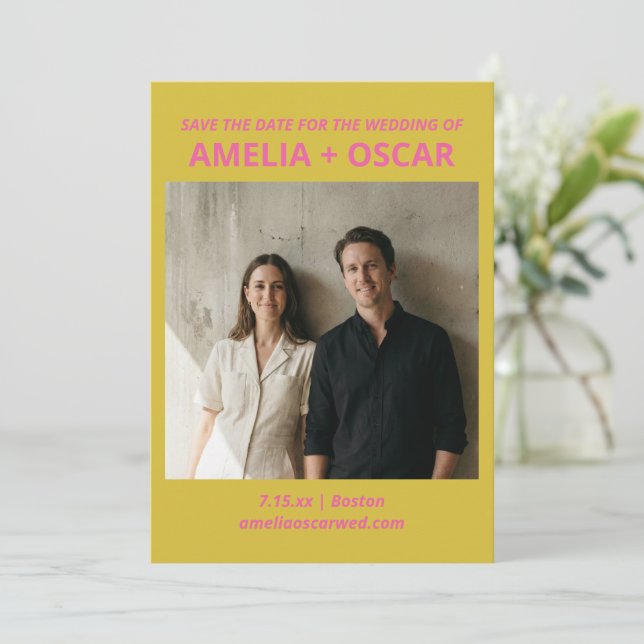 Bold Modern Chartreuse Pink Yellow Wedding Photo  Save The Date (Stehend Vorderseite)