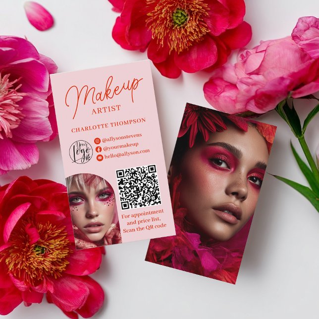 Bold Modern Pink Makeup Artist 2 Photos Qr Code Visitenkarte (Bold Modern Pink Makeup Artist 2 Photos Qr Code Business Card)