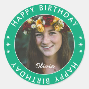 Bold Modern Simple Green Happy Birthday Foto Runder Aufkleber