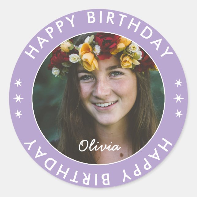 Bold Modern Simple Lavender Happy Birthday Foto Runder Aufkleber (Vorderseite)