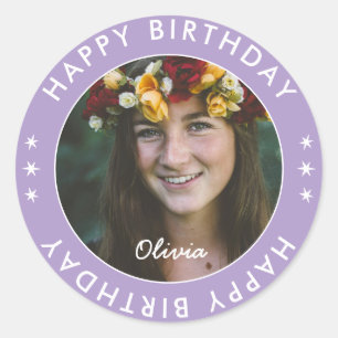 Bold Modern Simple Lavender Happy Birthday Foto Runder Aufkleber