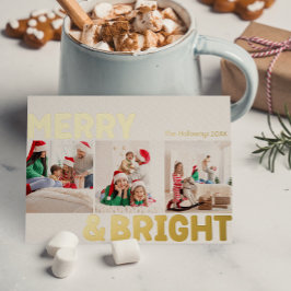 Bold Modern Three Foto Merry and Bright Gold Folien Feiertagspostkarte