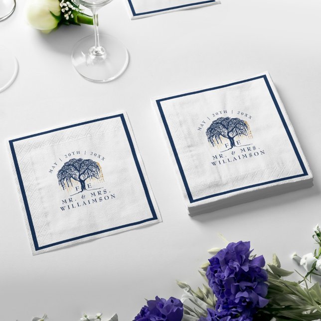 Bold Modern Willow Tree Navy Blue Gold Wedding Serviette (Bold Modern Willow Tree Navy Blue Gold Wedding Napkins)