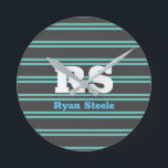 Bold Monogram & Name, Lt. Teal Lines on Dark Grey Runde Wanduhr<br><div class="desc">Personalize bold white monogram on light teal lines on dark grey background.</div>