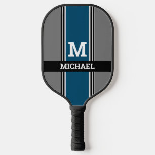 Bold Monogram & Name Ocean Blue Grey Black Stripes Pickleball Schläger