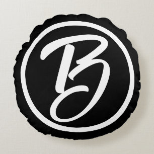 Bold Monogram Schwarz-weiß Calligraphy Circle Rundes Kissen