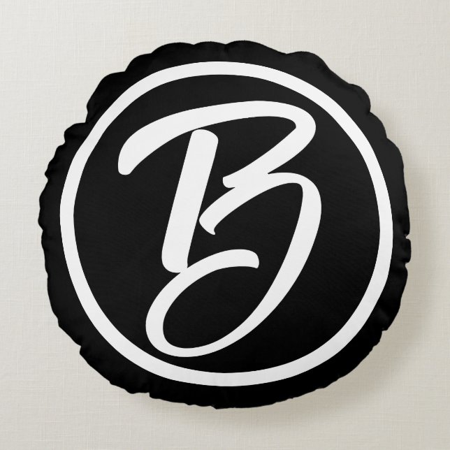 Bold Monogram Schwarz-weiß Calligraphy Circle Rundes Kissen (Vorderseite)