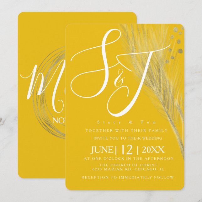 Bold Mustard Yellow Foil Pampas Wedding Suite Einladung (Vorne/Hinten)