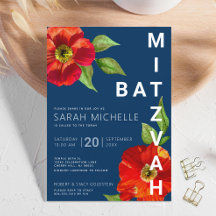 Bold Navy Bat Mitzvah Red Floral Watercolor Modern