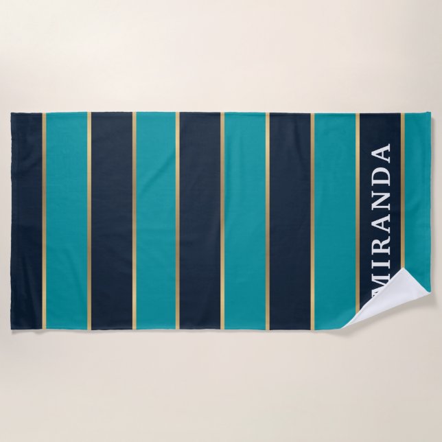 Bold Navy Blue Gold Stripe Muster Strandtuch (Vorderseite)