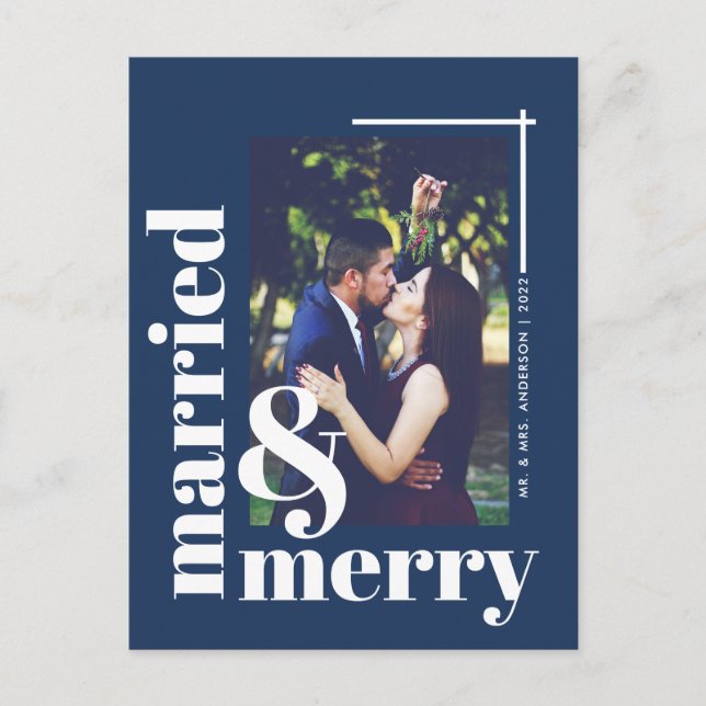 Bold Navy Blue Verheiratet und frohe Foto Weihnach Postkarte (Vorderseite)