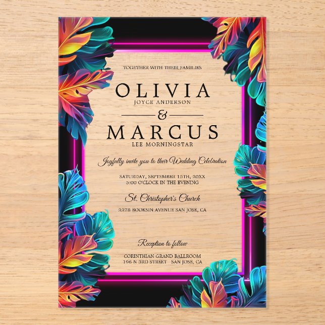 Bold Neon Foliage Acrylic Invitation Acryleinladungen (Vorderseite)
