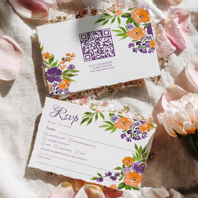 Bold Orange and Purple Floral QR Code Wedding RSVP Karte (Bold Orange and Purple Floral QR Code Wedding RSVP Card)