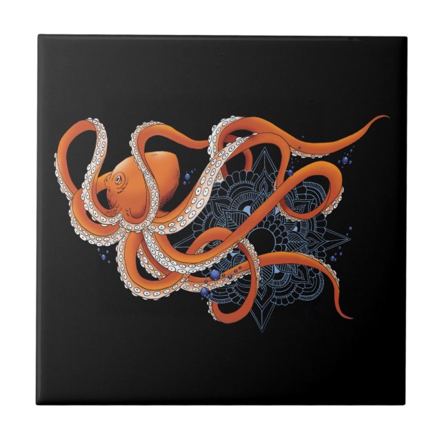 Bold Orange Mesmerizing Octopus Mandala  Fliese (Vorderseite)