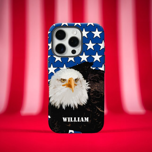 Bold Patriotic Bald Eagle USA Pride Modern America Case-Mate iPhone Hülle (American bald eagle iphone case bold patriotic american flag white stars on blue with name)
