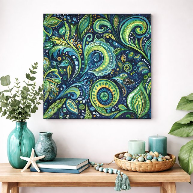 Bold Peacock Paisley Watercolor Wall Art Poster (Blue and green abstract wall art)