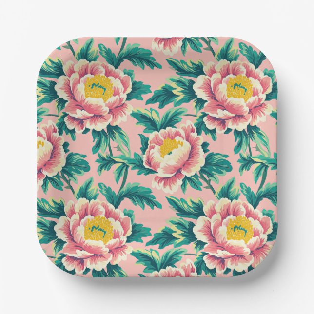 Bold Pink Chinoiserie Floral Pappteller (Vorderseite)