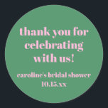 Bold Pink Green Custom Bridal Shower  Thank You Runder Aufkleber<br><div class="desc">This personalized round sticker features bold pink typography on a fresh green background for a fun, modern bridal shower look. The cheerful message is perfect for sealing envelopes, decorating favor bags, gift boxes, or thank you notes at a bridal shower celebration. Customize the name and date to match your event...</div>