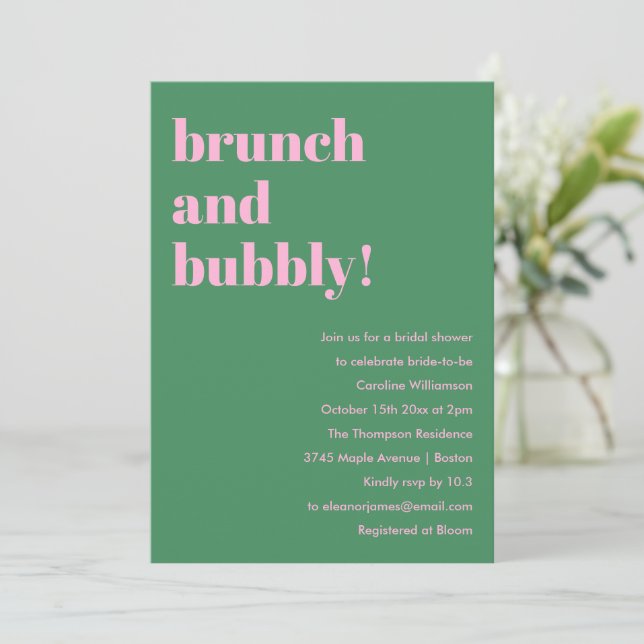 Bold Pink Green Modern Brunch Bubbly Bridal Shower Einladung (Stehend Vorderseite)