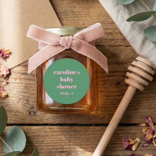 Bold Pink Green Modern Fun Custom Baby Shower Runder Aufkleber (Von Creator hochgeladen)