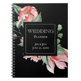 Bold Pink Magnolia on Black Wedding Planner Notizblock