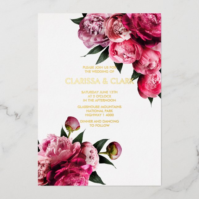 Bold Pink Modern Peony Blume Chic Wedding Folieneinladung (Vorderseite)