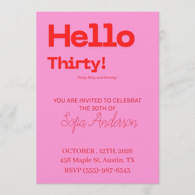 Bold Pink Red 30th Birthday Invite Einladung (Vorderseite)