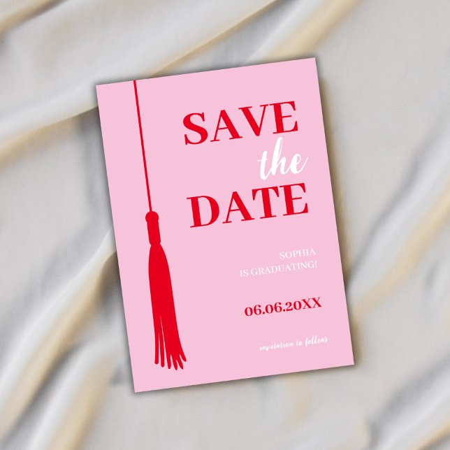 Bold Pink & Red Grad Tassel Abschluss Save The Date (graduation save the date card grad tassel elegant minimalist simple bold pink red class of 2024)