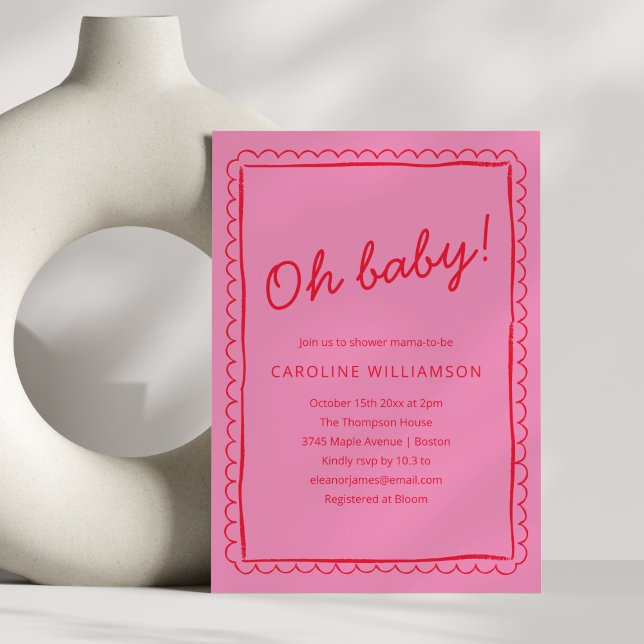 Bold Pink Red Modern Whimsical Border Baby Shower Einladung (Von Creator hochgeladen)