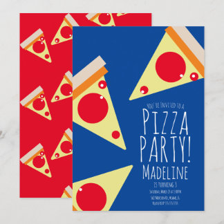 Bold Pizza Birthday Party Restaurant Blue Einladung