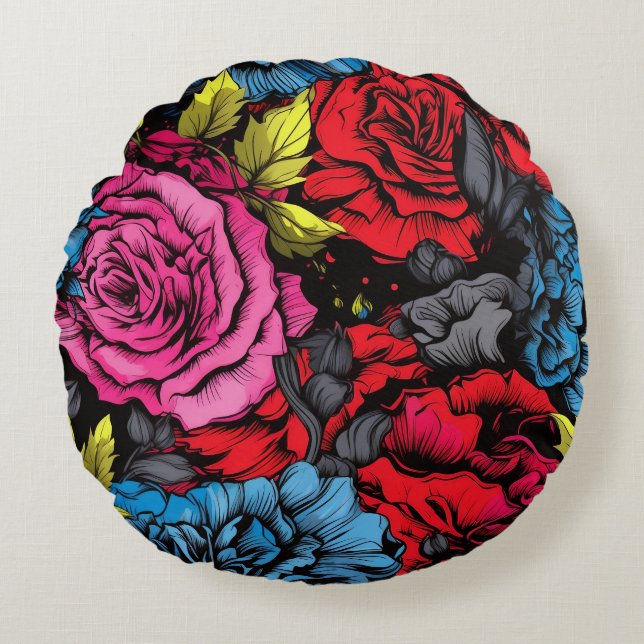 Bold Punk Blooms Floral Round Pillow Rundes Kissen (Vorderseite)