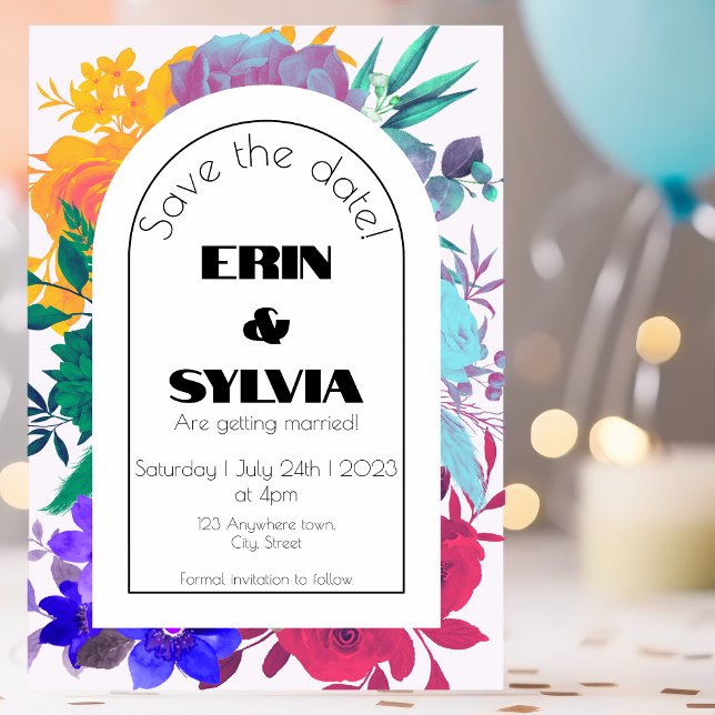 Bold Rainbow Floral Wedding Save The Date (Von Creator hochgeladen)