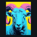 Bold Ram: Neon Pop Art Poster<br><div class="desc">Dieses beeindruckende ram-Portrait verbindet Neontöne und Pop-Kunstästhetik zu einem faszinierenden Kernstück. Mit seiner leuchtend blauen,  rosa und gelben Palette strahlt dieses Kunstwerk Zuversicht und moderne Eleganz aus. Ideal für diejenigen,  die eine einzigartige,  von Tieren inspiriert Dekoration mit einer zeitgenössischen Drehung Liebe.</div>