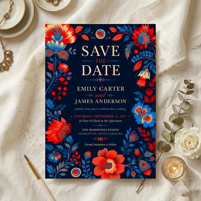 Bold Red and Blue Floral Save The Date (Von Creator hochgeladen)