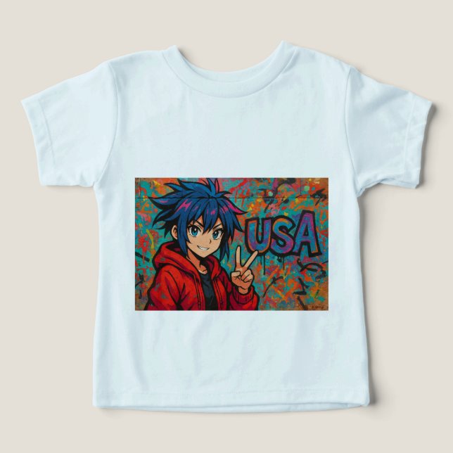 Bold Red Anime USA Graphic T-Shirt (Design Vorderseite)