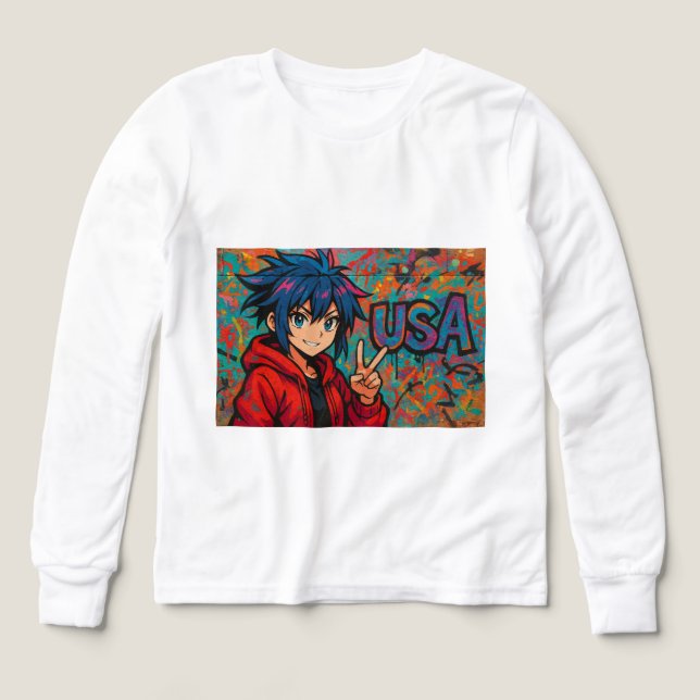 Bold Red Anime USA Graphic T-Shirt (Design Vorderseite)