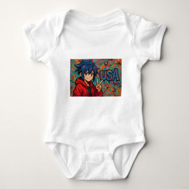 Bold Red Anime USA Graphic T-Shirt Baby Strampler (Vorderseite)