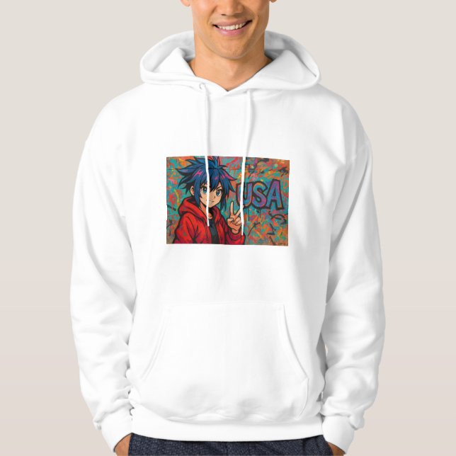 Bold Red Anime USA Graphic T-Shirt Hoodie (Vorderseite)