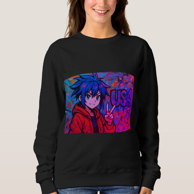 Bold Red Anime USA Graphic T-Shirt Sweatshirt (Vorderseite)