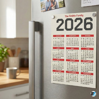 Bold Red Black Custom Family Name 2026 Caledar Magnetkarte