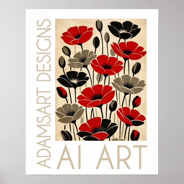 Bold Red & Black Retro Poppies Floral Poster (Vorne)